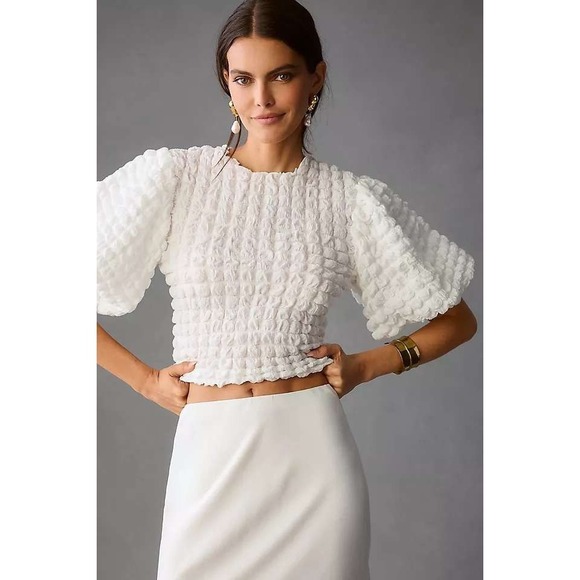 Anthropologie Tops - Anthropologie Eri + Ali White Popcorn Puff Sleeve Top BE24403 XS